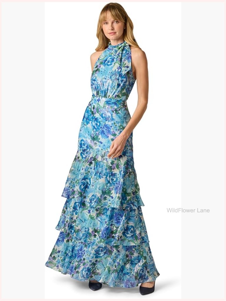 Metallic Floral Print Chiffon Gown With Tiered Hem